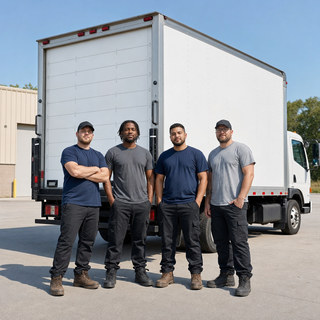 Four uniformed Spring Hill movers standing relaxed in front of a clean white commercial box truck at the depot