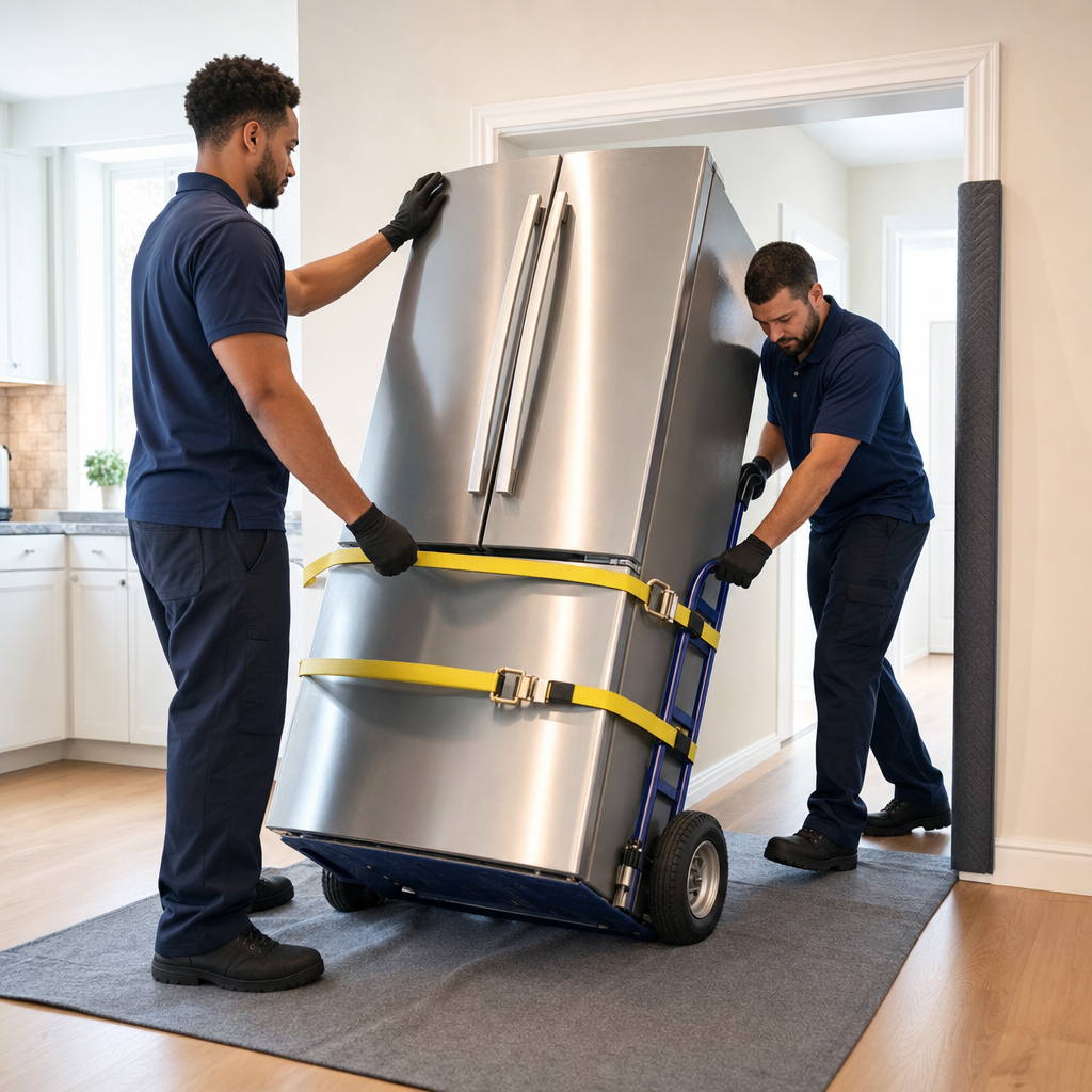 Two uniformed Spring Hill movers tilting a refrigerator onto an appliance dolly with straps in a kitchen doorway