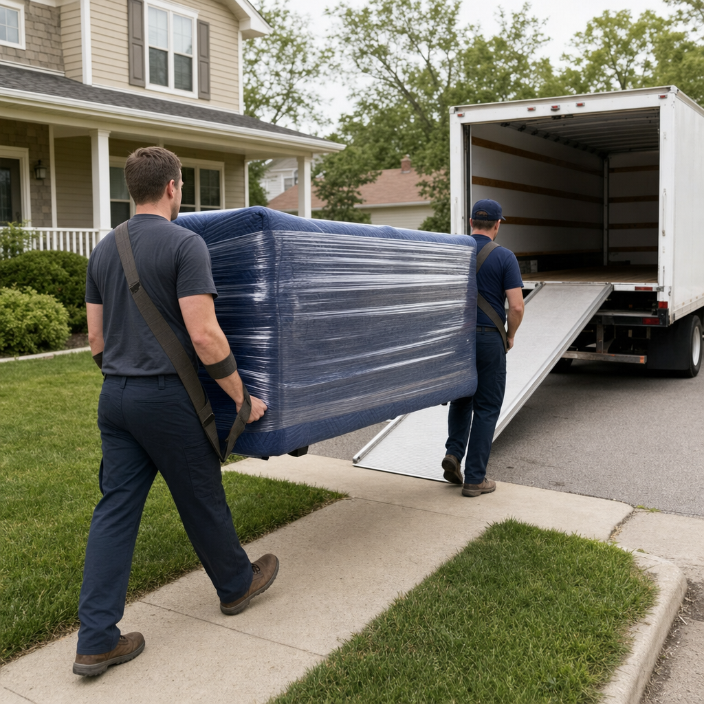 Uniformed Spring Hill moving crew carrying a shrink-wrapped sofa down a residential walkway toward an open box-truck ramp
