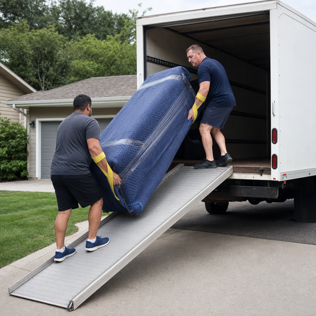 Two uniformed Spring Hill movers loading wrapped furniture into a rental box truck in a suburban driveway, using hi-vis yellow lifting straps and e-track securing