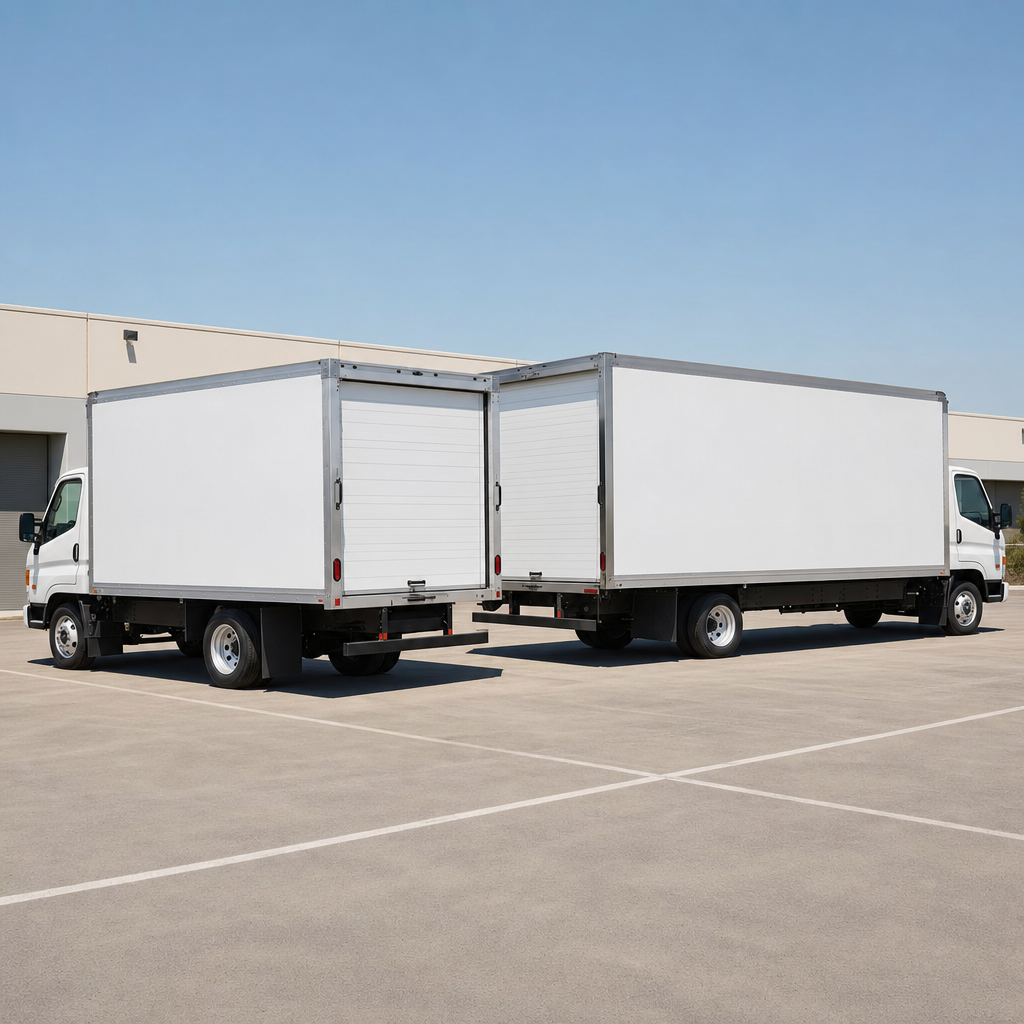 Two clean white box trucks of different lengths parked side by side in a depot yard, ramps stowed