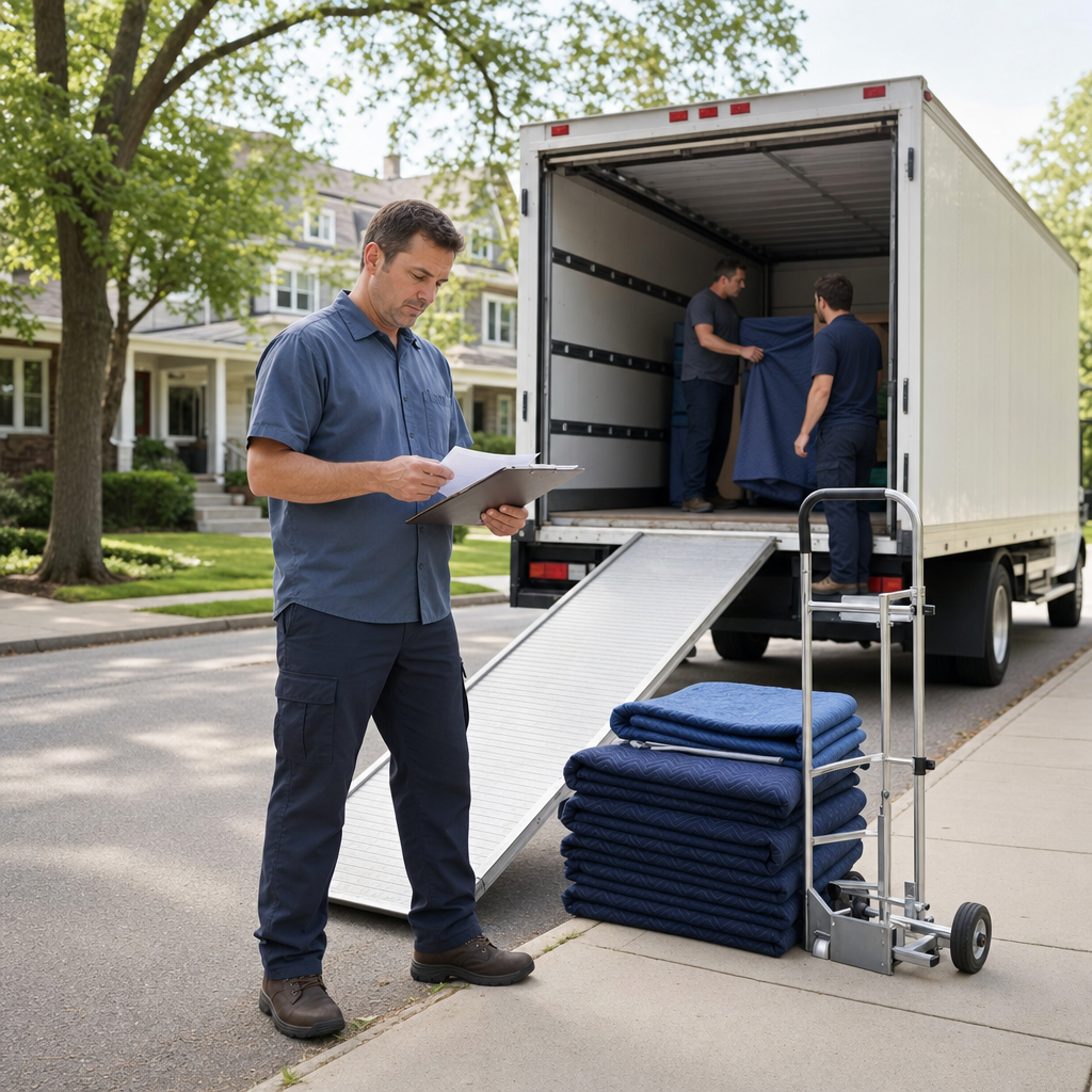 Spring Hill moving crew lead reviewing a written quote on a clipboard beside the open ramp of a box truck at the curb
