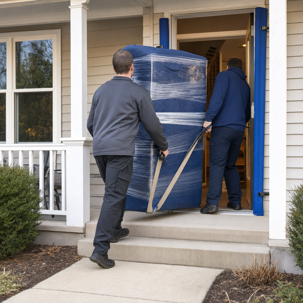 Two uniformed Spring Hill movers carrying a quilted-blanket-wrapped dresser through a home's front doorway with door-jamb protection in place